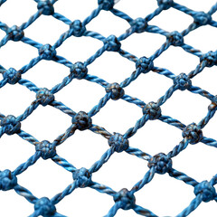 Fototapeta premium Detailed view of blue rope netting, showcasing the knots and texture against a black background. 