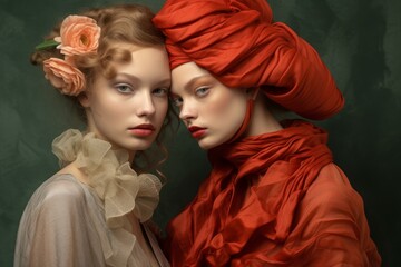 Renaissance-inspired fashion portrait with vintage headwear and floral headscarf for women's style and elegance in a luxurious and classic artistic photography shoot