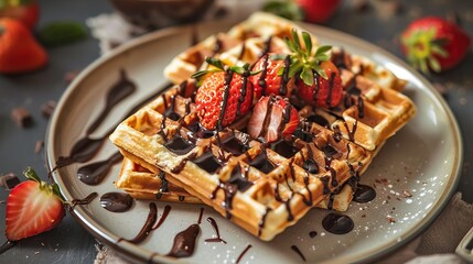 A plate of waffles with chocolate syrup and strawberries
