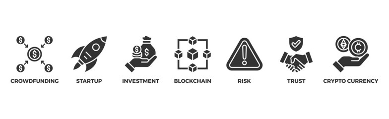 ICO banner web icon vector illustration concept of initial coin offering with icon of crowdfunding, startup, investment, blockchain, risk, trust and cypto currency