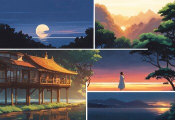 illustration of a lone person at night by moonlight in anime and cartoon style.