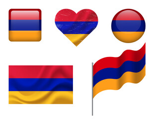 Armenia flag set of icons. Vector flag of Armenia, symbol. Set of Armenian flags button, waved, heart.