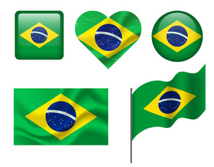 Brazil flag set of icons. Vector flag of Brazil, symbol. Set of Brazilian flags button, waved, heart.