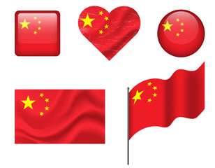 China flag set of icons. Vector flag of China symbol. Set of China flags button, waved, heart.