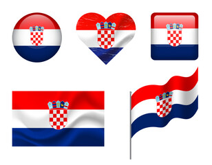 Croatia flag set of icons. Vector flag of Croatia, symbol. Set of Croatian flags - button, waved, heart.