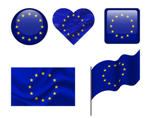 European Union flag set of icons. Vector flag of EU, symbol. Set of Europa flags - button, waved, heart.