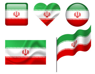 Iran flag set of icons. Vector flag of Iran, symbol. Set of Iran flags button, waved, heart.