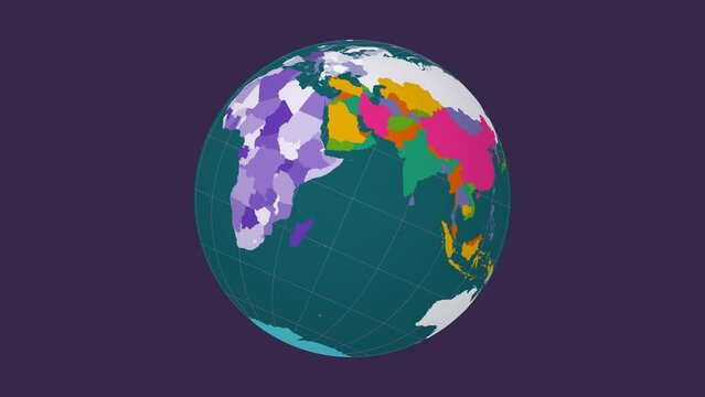 Rotating planet. Tilted sphere view. Moderate speed globe rotation. Colored countries style. World map with graticule lines on vivid background. Majestic animation.