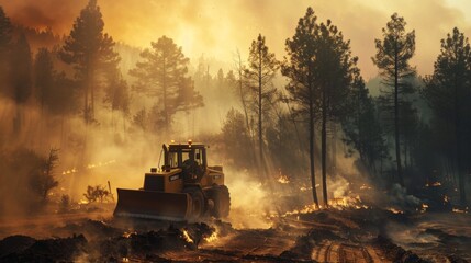 Fire crews using bulldozers to create firebreaks and contain the spread of a raging forest fire