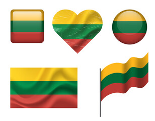 Lithuania flag set of icons. Vector flag of Lithuania, symbol. Set of Lithuania flags button, waved, heart.