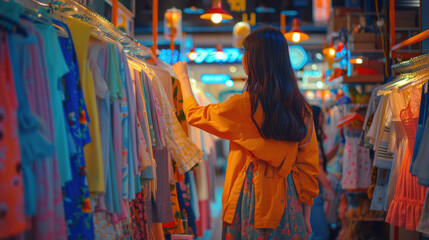 Obraz premium A young woman enthusiastically searches through a colorful rack of vintage dresses in a second-hand clothing store,