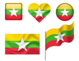 Myanmar flag set of icons. Vector flag of Myanmar symbol. Set of Myanmar flags button, waved, heart.