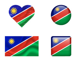 Namibia flag set of icons. Vector flag of Namibia, symbol. Set of Namibian flags button, waved, heart.