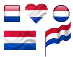 Fototapeta premium Netherlands flag set of icons. Vector flag of Netherlands, symbol. Set of Netherlands flags button, waved, heart.