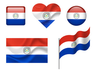 Paraguay flag set of icons. Vector flag of Paraguay, symbol. Set of Paraguay flags button, waved, heart.