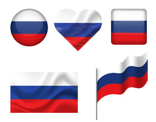 Fototapeta premium Russia flag set of icons. Vector flag of Russia, symbol. Set of Russian flags button, waved, heart.