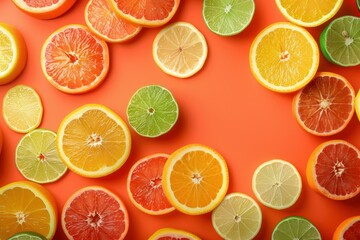 Obraz premium Citrus fruits top view on orange background with copy space, fresh citrus fruit arrangement for healthy lifestyle concept