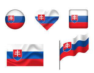 Slovakia flag - set of icons. Vector flag of Slovakia, symbol. Set of Slovakian flags - button, waved, heart.