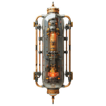 Futuristic steampunk machinery with intricate design, showcasing detailed gears and metallic elements in a transparent glass casing.