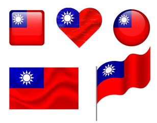 Taiwan flag set of icons. Vector flag of Taiwan symbol. Set of Taiwan flags button, waved, heart.