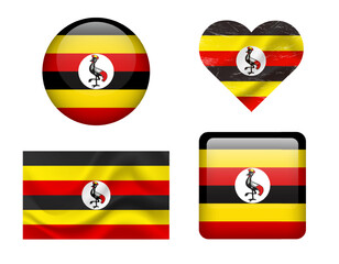 Uganda flag set of icons. Vector flag of Uganda, symbol. Set of Uganda flags button, waved, heart.