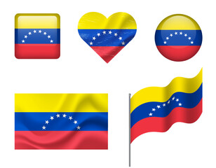 Venezuela flag set of icons. Vector flag of Venezuela, symbol. Set of Venezuela flags button, waved, heart.