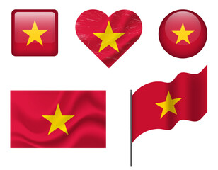 Vietnam flag set of icons. Vector flag of Vietnam symbol. Set of Vietnam flags button, waved, heart.