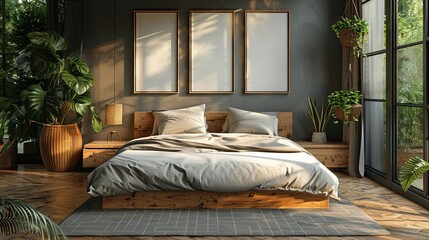 Cozy modern bedroom beige tones soft bedding minimalist decor three framed artworks above bed warm natural lighting