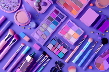 View of cosmetic products, makeup equipment on purple background