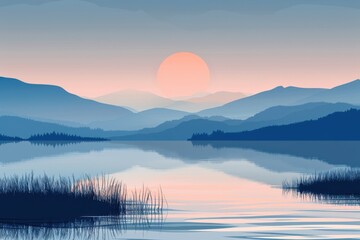 Fototapeta premium A beautiful mountain lake with a large sun reflecting on the water