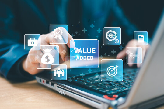Increase value, growth value service, company value added, business growth concept. Business man work on computer laptop, info technology background. Sale digital marketing leadership success target