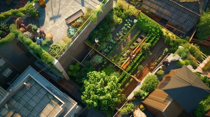This aerial image features an urban rooftop garden with lush greenery, vegetable beds, rooftop structures, and people actively tending to plants. Urban gardening.