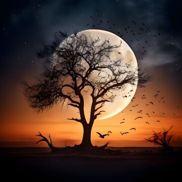 Moonlit Solitude: Birds Flying Towards Isolated Tree