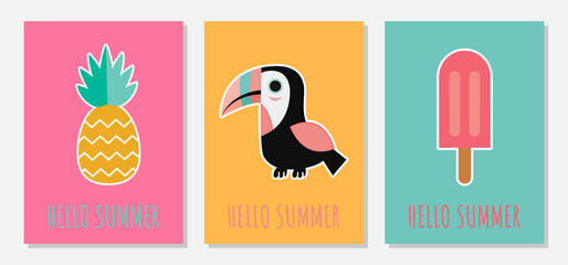 Vector summer cards with fruits and phrases. Beautiful posters, stickers for kids t-shirts, rooms, or bedrooms. Backgrounds with summer fruits, ice cream, trees, and sun. Hand-drawn letters.