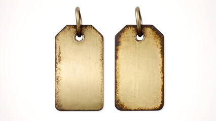 metal tags hanging on isolated on white background