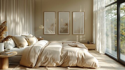 Cozy modern bedroom beige tones soft bedding minimalist decor three framed artworks above bed warm natural lighting