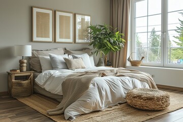 Cozy modern bedroom beige tones soft bedding minimalist decor three framed artworks above bed warm natural lighting