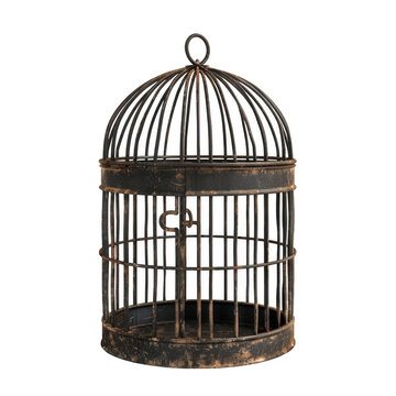 Vintage birdcage with an old rustic finish, empty and open, isolated on a white background, perfect for decoration or unique art pieces.