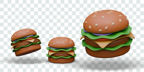 Realistic burger, view from different sides. Round bun with meat and vegetable layers