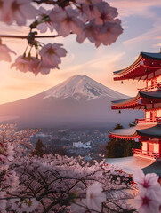 Fototapeta premium japanese temple in the morning with mount fuji as a background