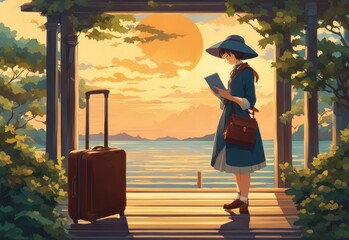 Illustration of a girl who loves traveling, carrying a suitcase, reading a travel guide in anime, watercolor and cartoon style.