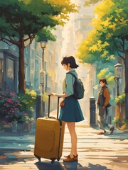 Illustration of a girl who loves traveling, carrying a suitcase, reading a travel guide in anime, watercolor and cartoon style.