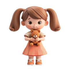 Naklejka premium Adorable 3D-rendered child character with pigtails, wearing a dress, and holding a teddy bear, standing with a happy expression. Isolated on a transparent background. PNG, File