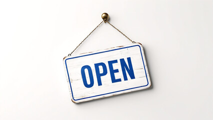 blue white open sign hanging on white background