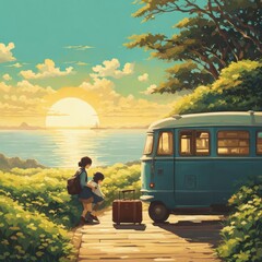 Illustration of a girl who loves traveling, carrying a suitcase, reading a travel guide in anime, watercolor and cartoon style.