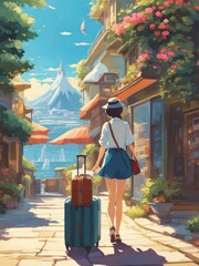 Illustration of a girl who loves traveling, carrying a suitcase, reading a travel guide in anime, watercolor and cartoon style.