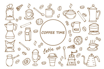 Set of hand drawn coffee sketches in brown color. Drawings of drinks, cups, snacks and coffeeware. Monochrome vector illustration for cards, menus and decorations.