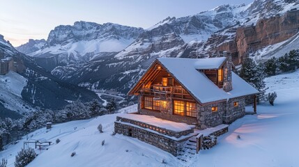 Fototapeta premium A cozy wooden cabin nestled in a snowy mountain landscape. The cabin is lit up, creating a warm and inviting atmosphere.