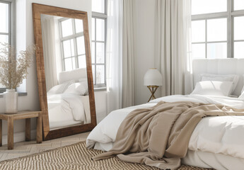 Modern style bedroom with wooden mirror and panoramic windows