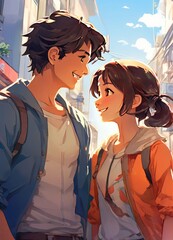 an Indian boy and girl discussing with each other while smiling kindly in a city with anime and cartoon style